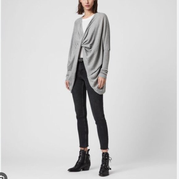 AllSaints | Itat Shrug Convertible Twist Sweater Cardigan Grey Cotton Size S - Picture 2 of 11
